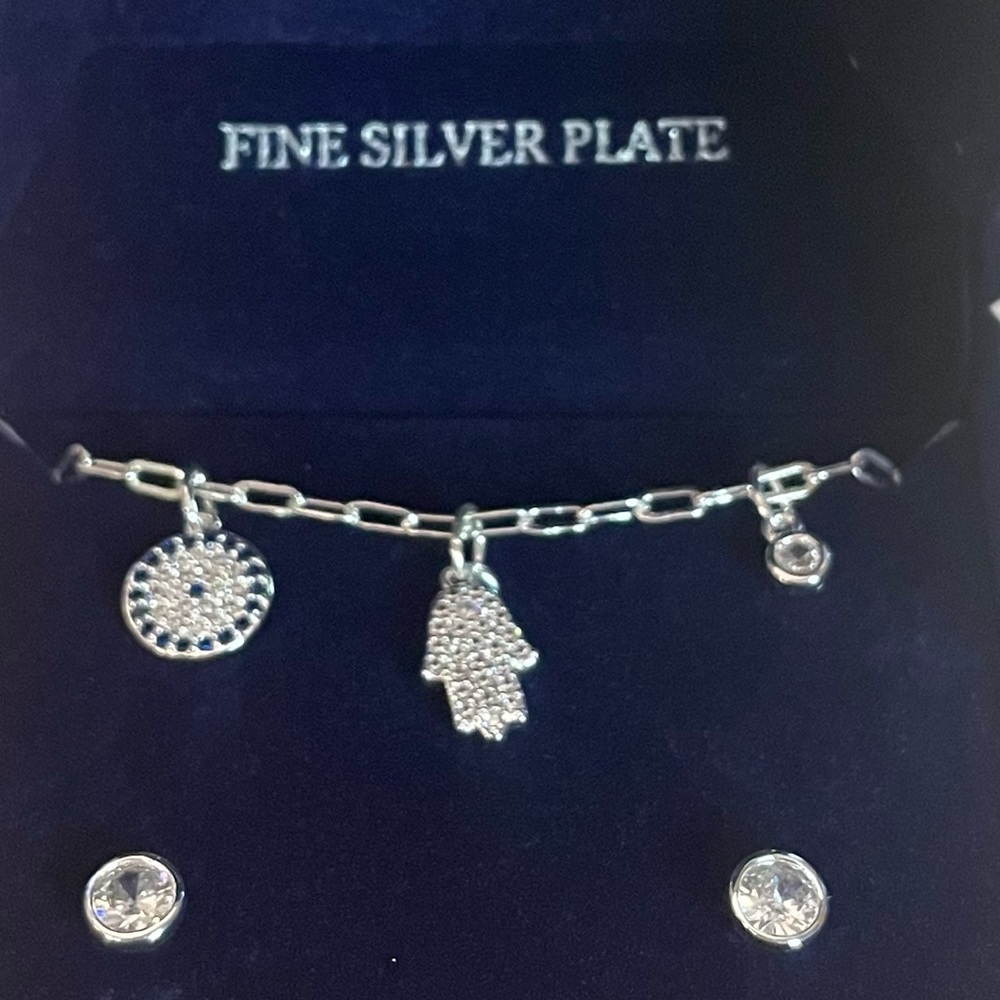 hamsa hand fine silver necklace and earrings cubic zirconia